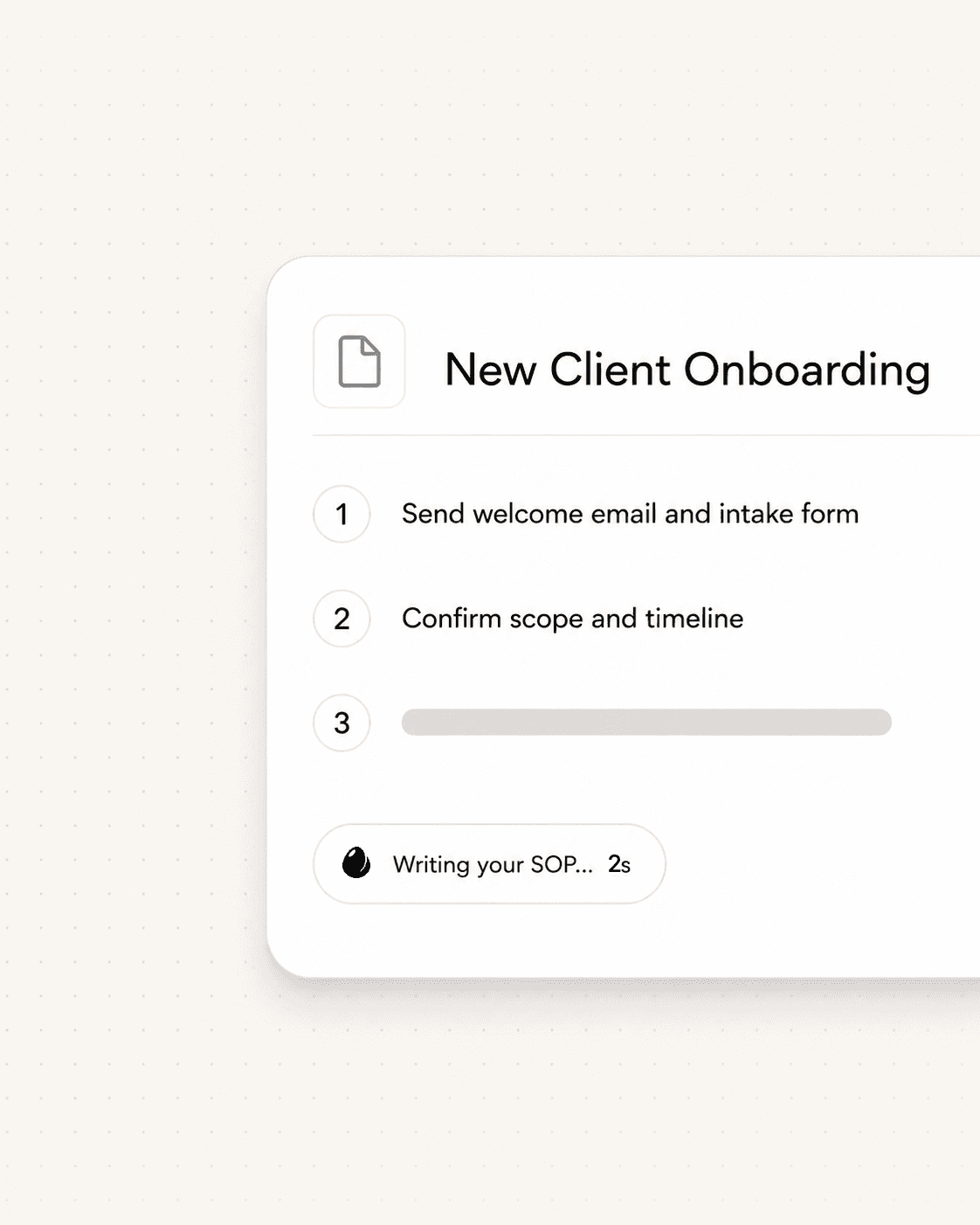 A New Client Onboarding SOP being drafted by mana, step by step.