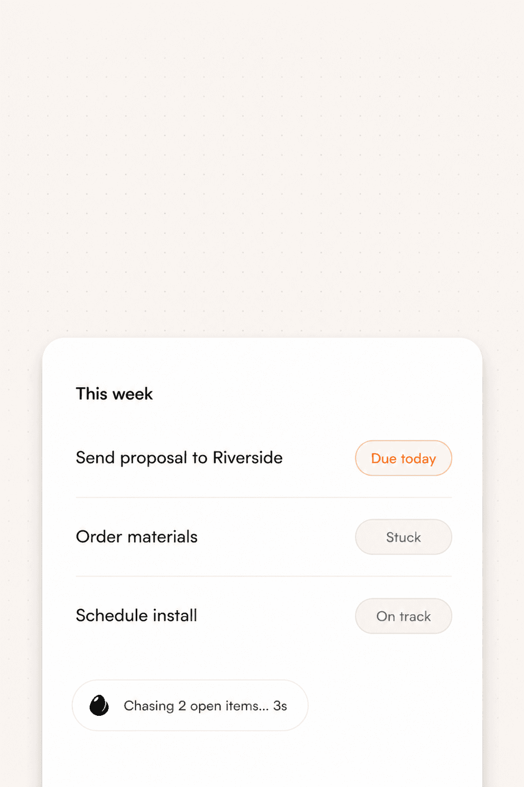 A weekly project list with mana flagging what's due, stuck, and on track.